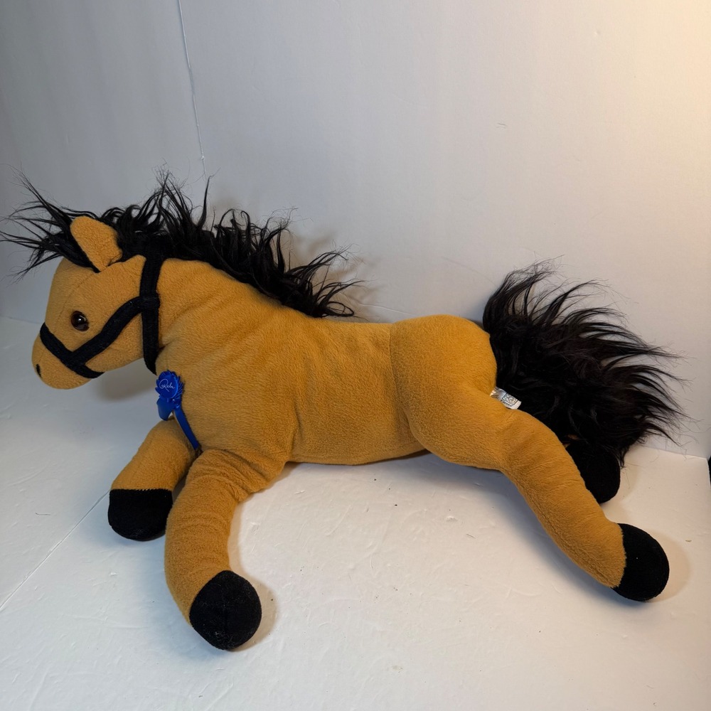 Fiesta Tan Horse Plush Stuffed Animal Black Mane Tail Bridle Blue Ribbon 22 Inch